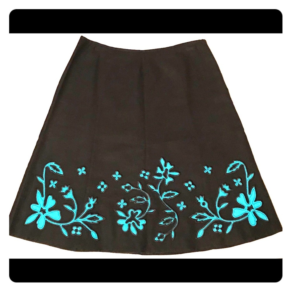 Black and turquoise appliqué linen circle skirt